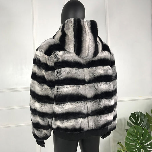 Hooded Real Rabbit Fur Bomber Chinchilla Style