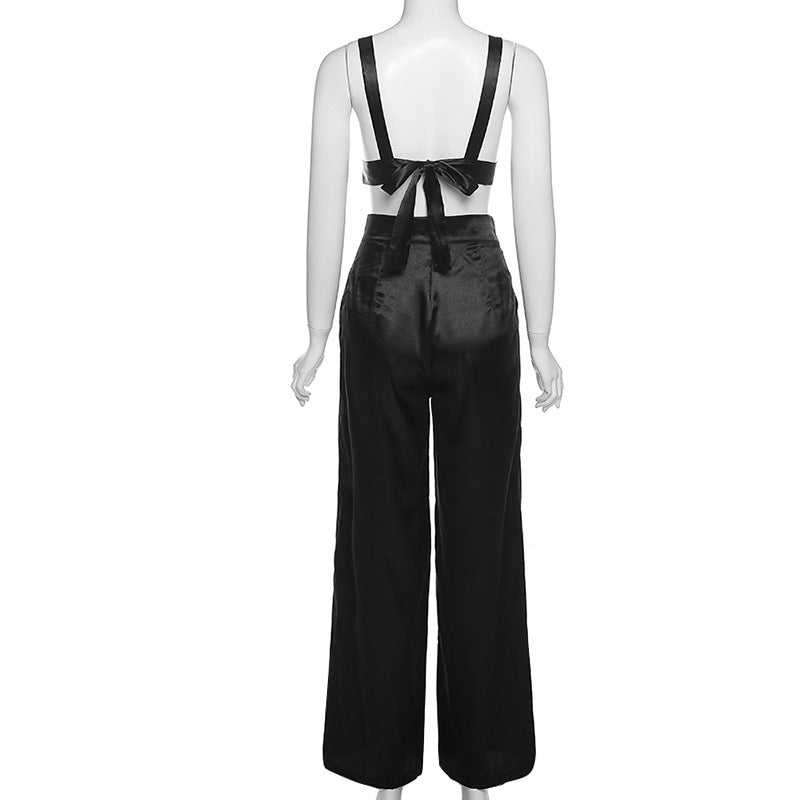 Satin Crop & High Waist Loose Pants