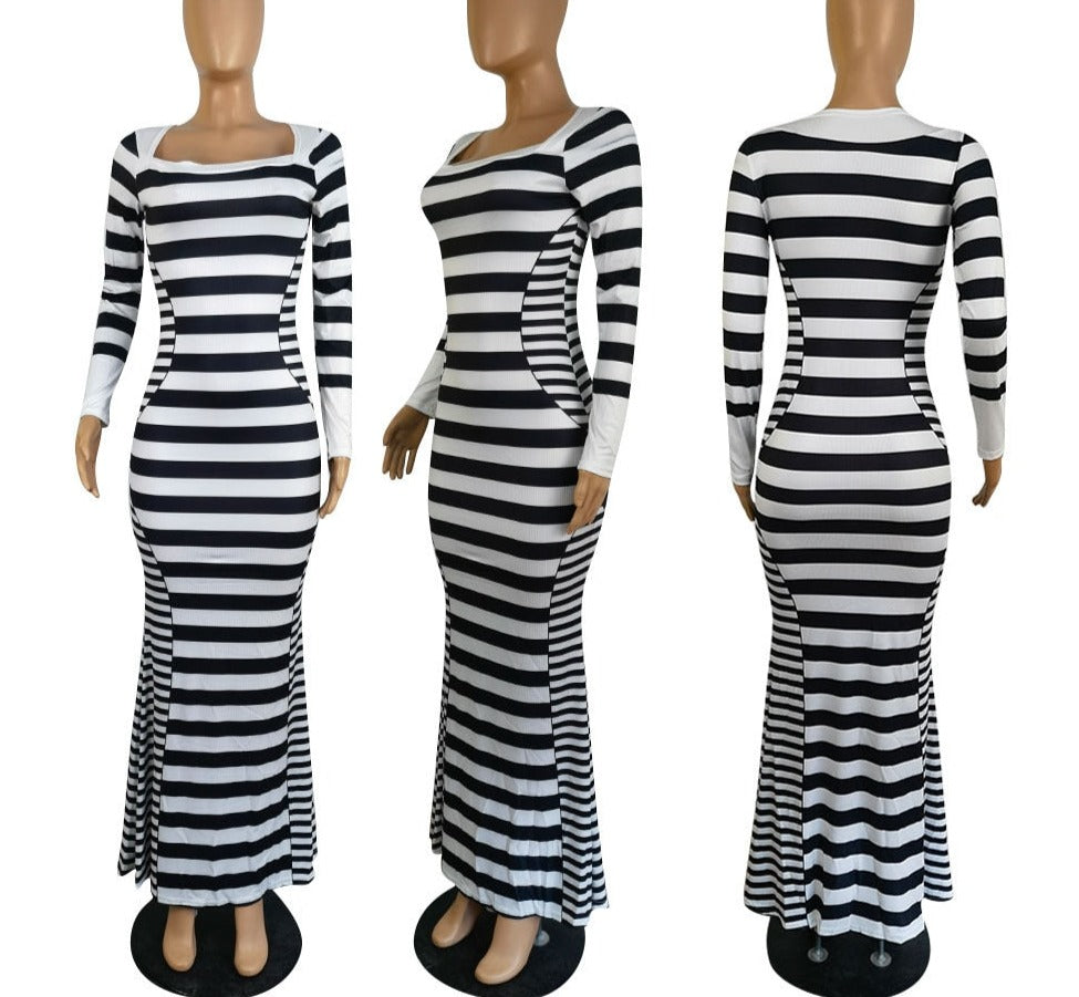 Striped V Long Sleeve Mermaid Maxi Dress