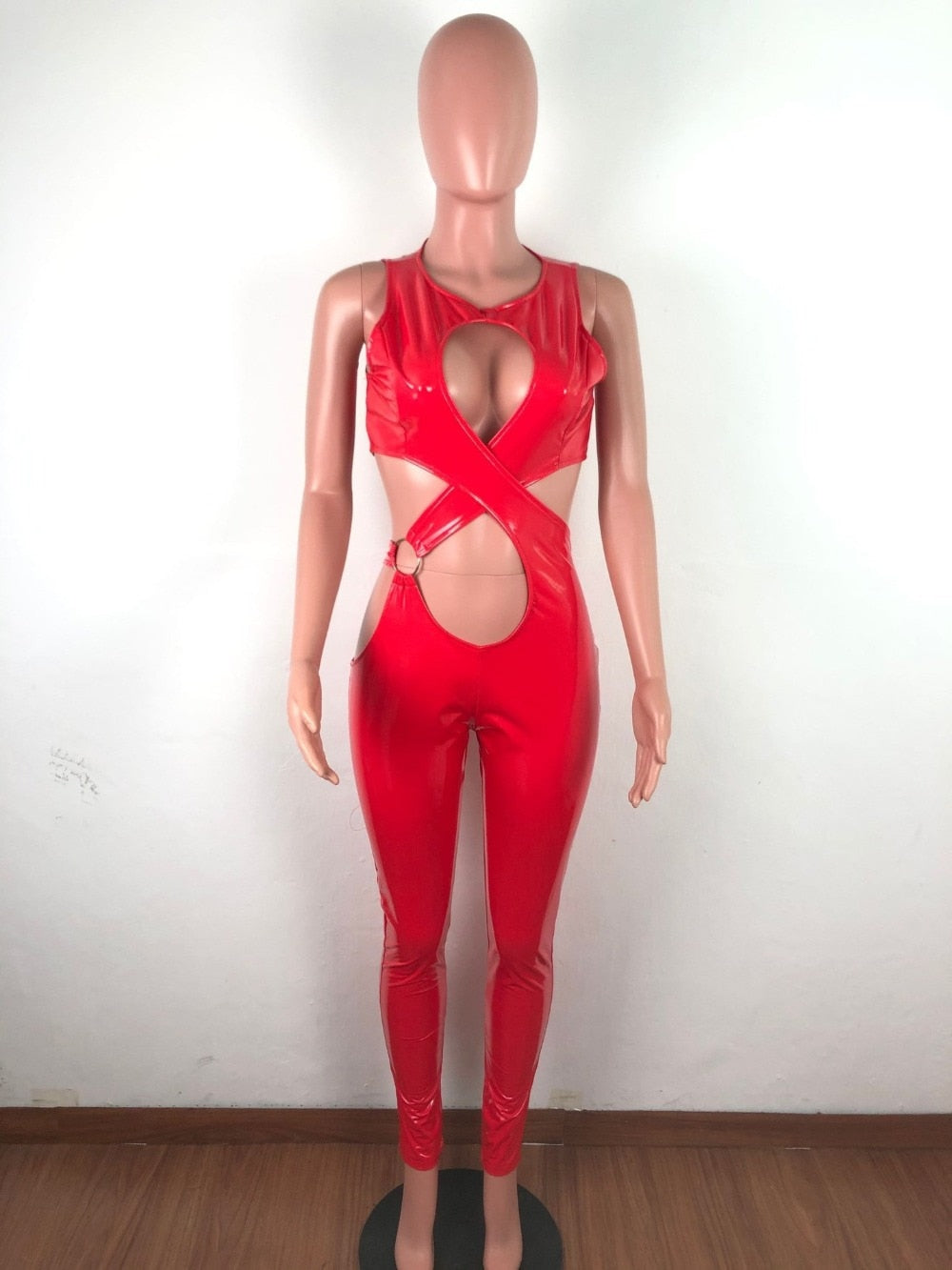 Pu Leather Hollow Cross Jumpsuits