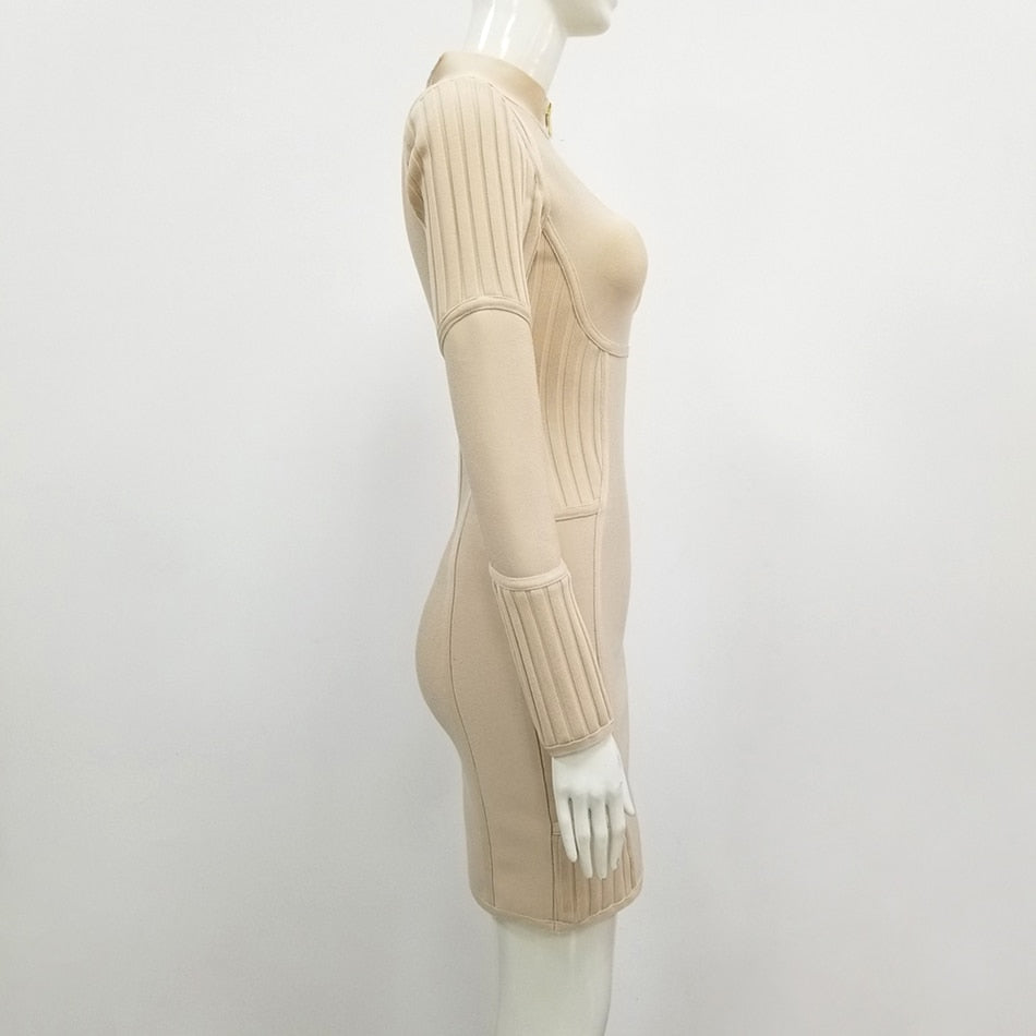 Nude Stand-Up Collar Long Sleeve Dress
