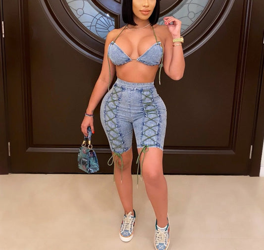 Denim Sleeveless Crop & Denim Shorts Sets