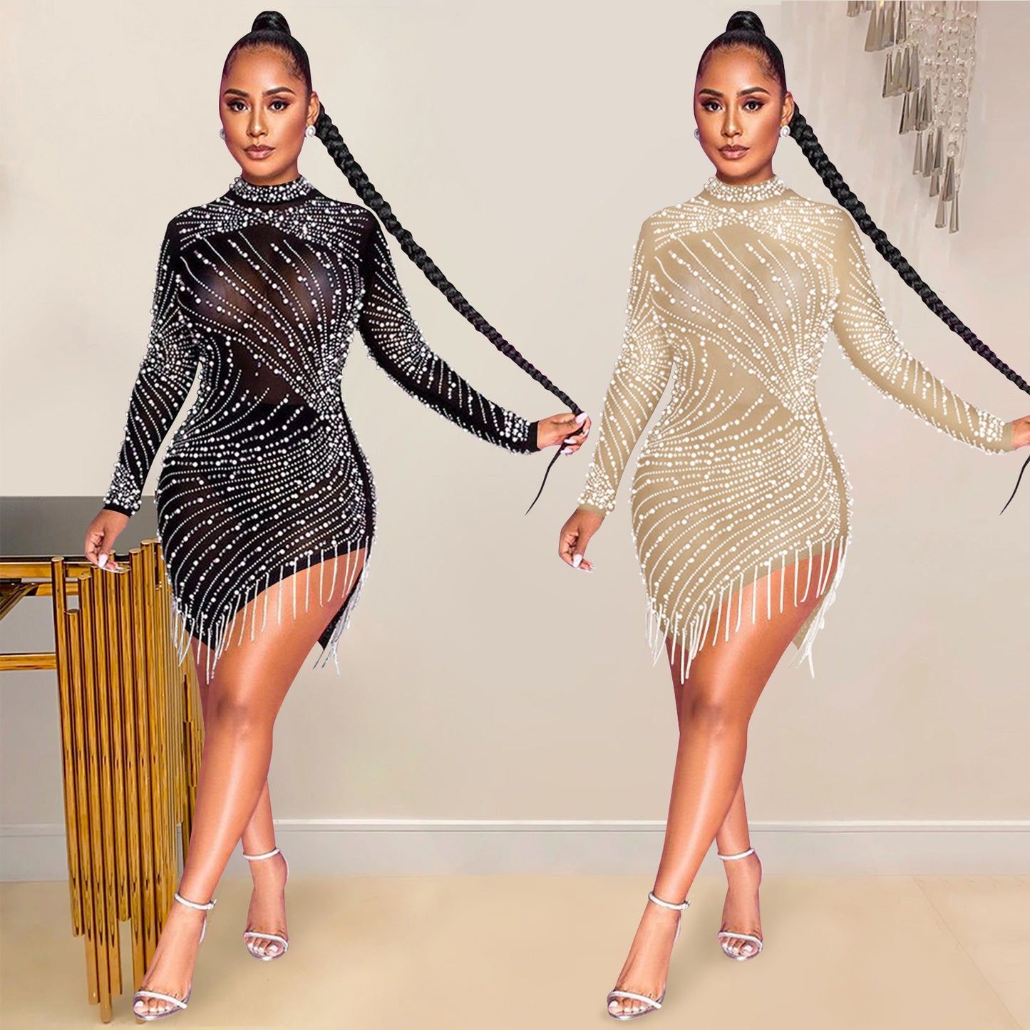 Pearl Long Sleeve Mesh Mini Dresses