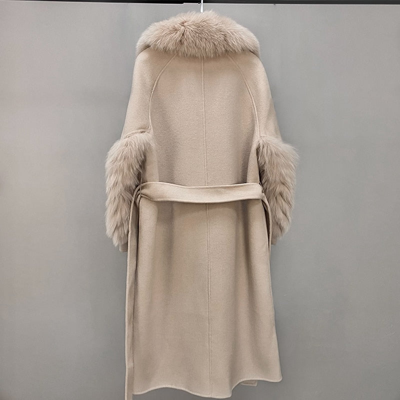 Plush Cashmere Long Coats Real Knitted Fur Collar & Long Cuffs