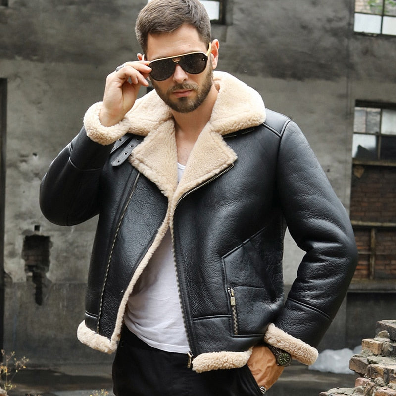 Genuine Leather Coat Real Shearling Fur B3 Bomber