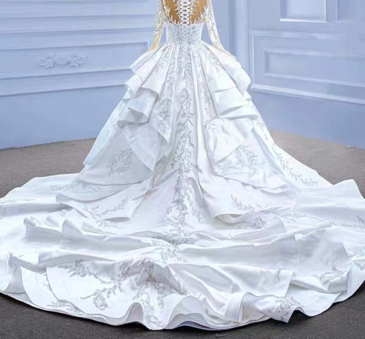 Luxury White Satin Sequin Lace Up Ruffles Wedding Dress