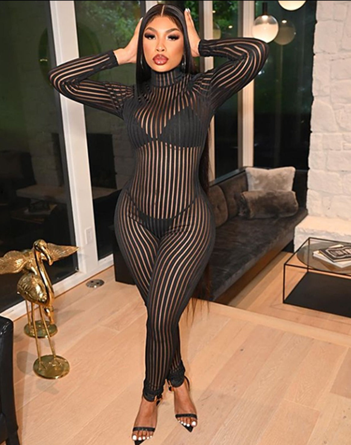 Black Stripe Mesh Long Sleeve Jumpsuit