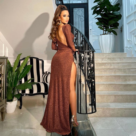 Sparkly Backless Slit Maxi Dress