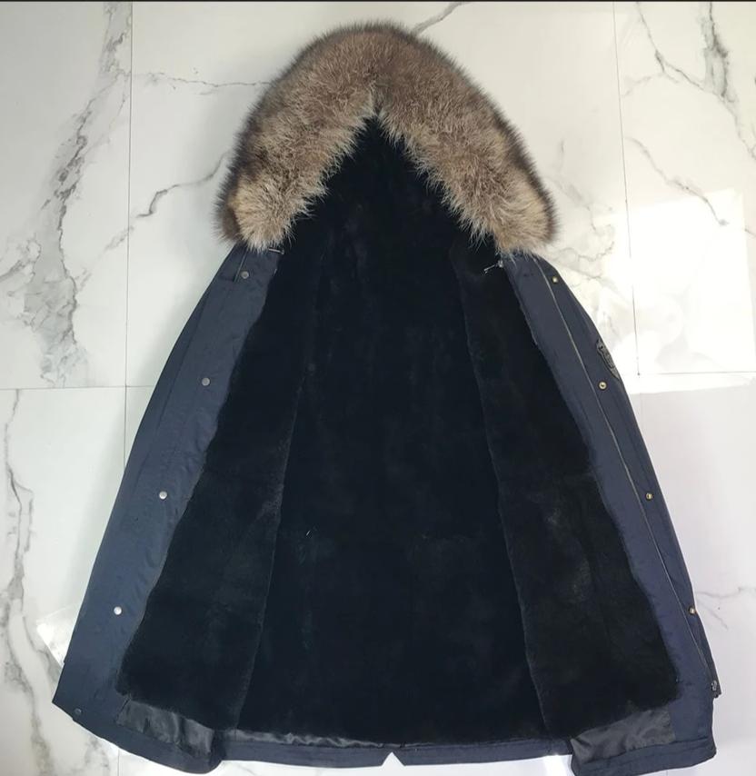 Black/Navy Real Fox Fur Parka Real Rabbit Fur Removable Lining Coats