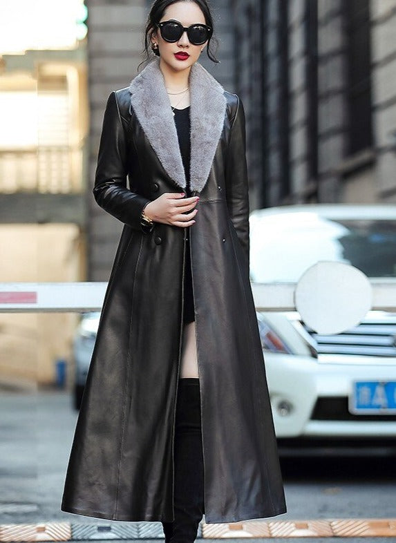 Genuine Leather Duck Down Mink Fur Collar X-Long Coats