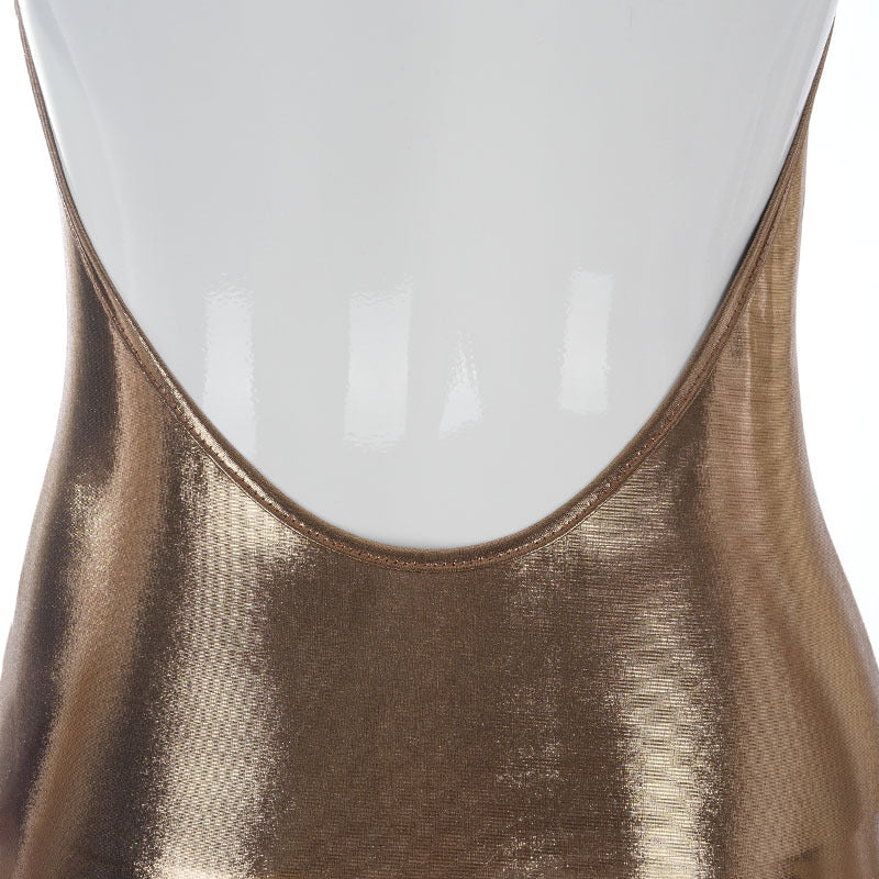 Metallic O-Neck Open Back Bodycon Maxi Dresses