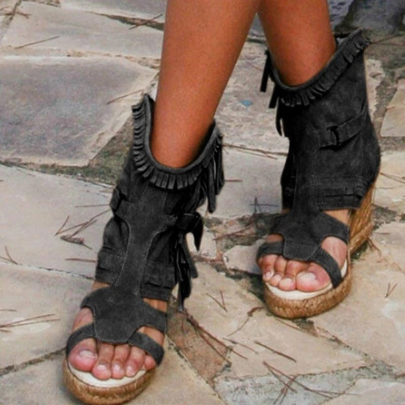 Vintage Pu Tassel Peep Toe High Wedge Sandals