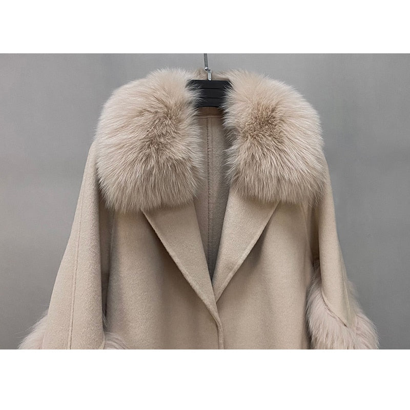 Plush Cashmere Long Coats Real Knitted Fur Collar & Long Cuffs