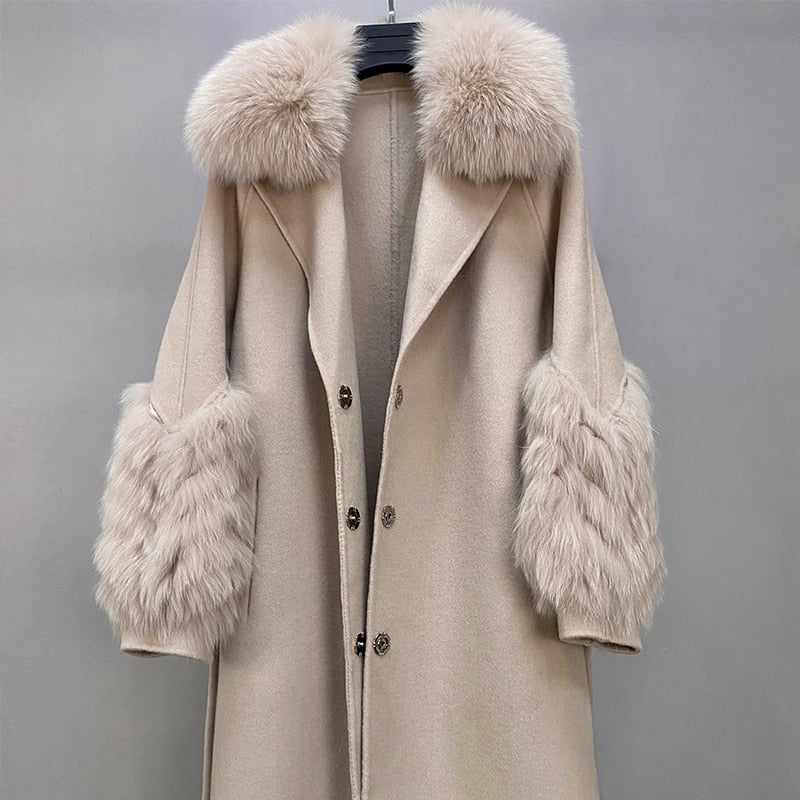 Plush Cashmere Long Coats Real Knitted Fur Collar & Long Cuffs