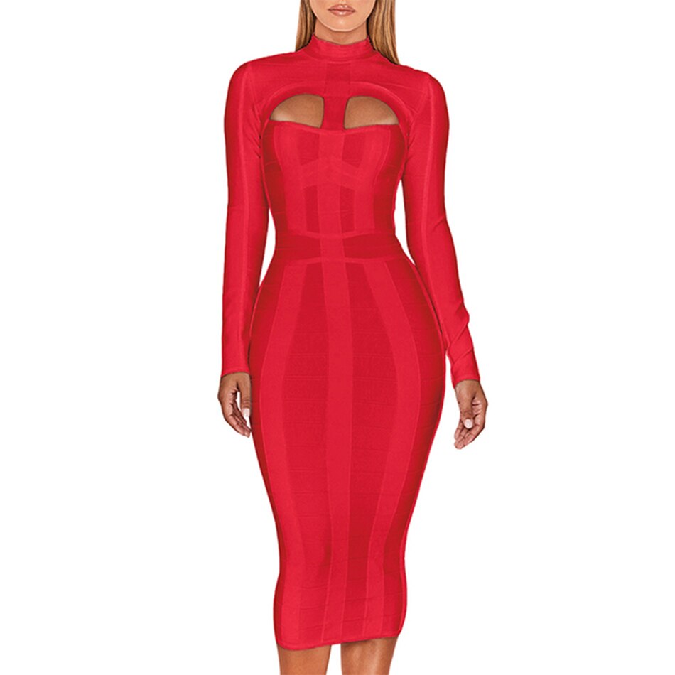 High Neck Hollow Bodycon Midi Dresses