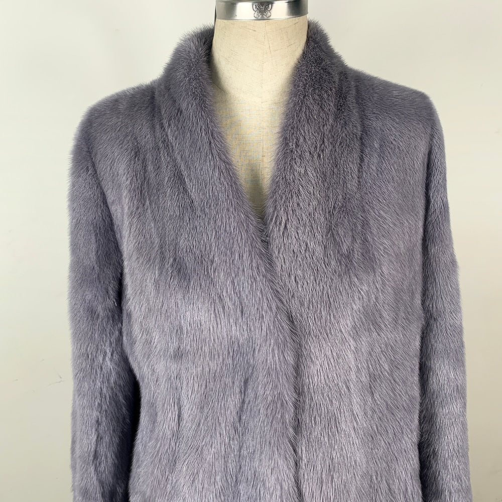 Luxury Gray Full Pelt Real Mink Fur X-Long Coat