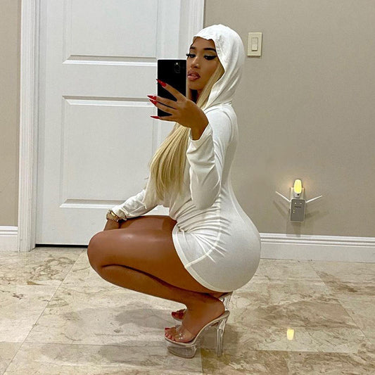 Plunge Hooded Long Sleeve Mini Dress