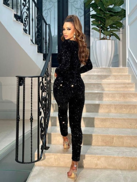 Black Deep V-neck Draped Sequins Jumpsuit