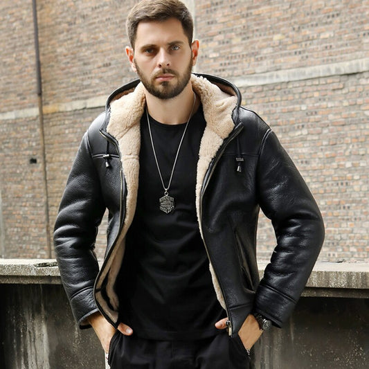 Black Genuine Leather Real Shearling Fur Short Coat Hooded