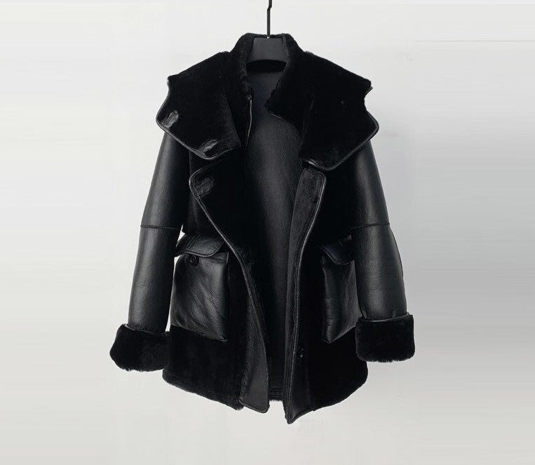 Genuine Leather Real Shearling Fur Coats Hooded