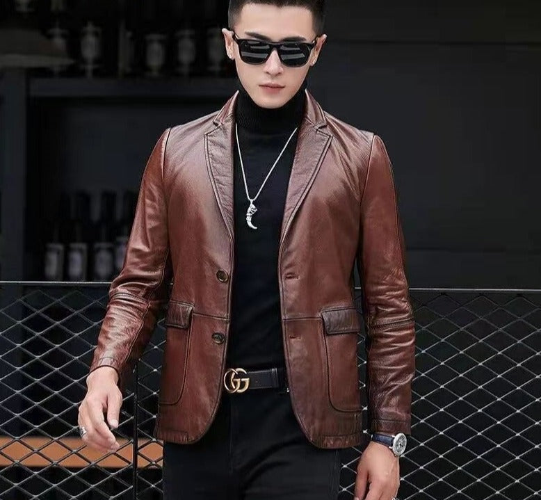 Genuine Leather Slim Blazer