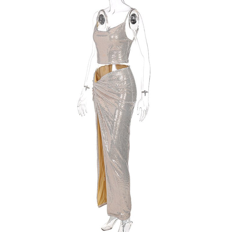 Mirror Drip Tank Crop & Split Long Skirt Sets