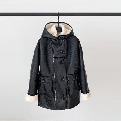 Genuine Leather Real Shearling Fur Coats Hooded