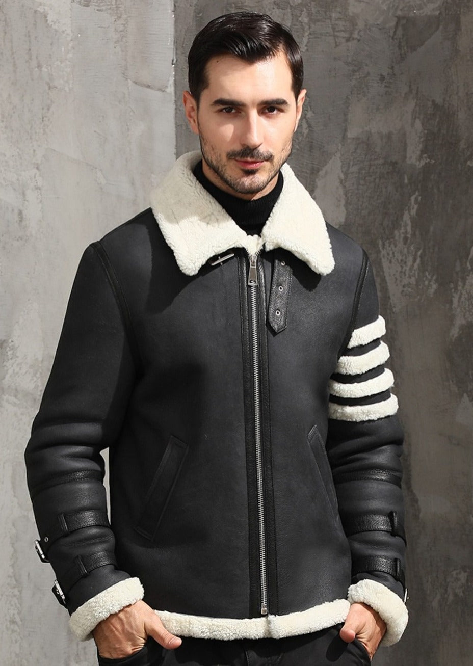 Black Genuine Leather Real Fur Shearling Slim Coat