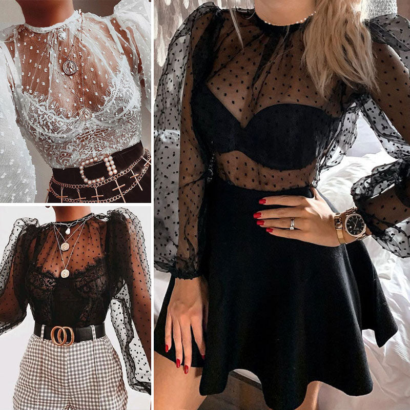 Mesh Polka Dot Puff Sleeve Shirts