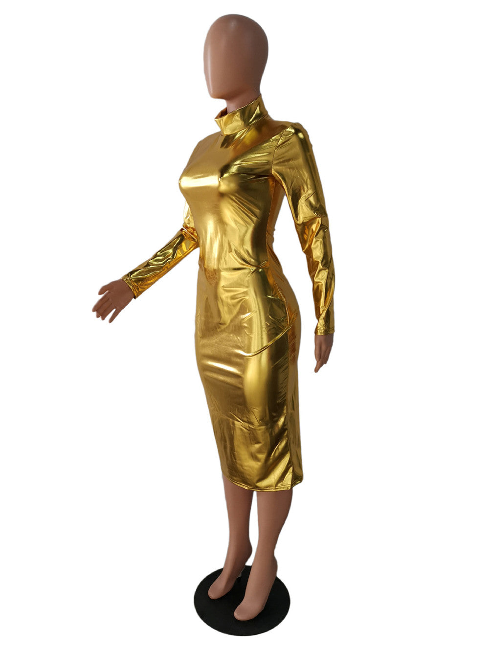 Metallic Long Sleeve Turtleneck Midi Dresses