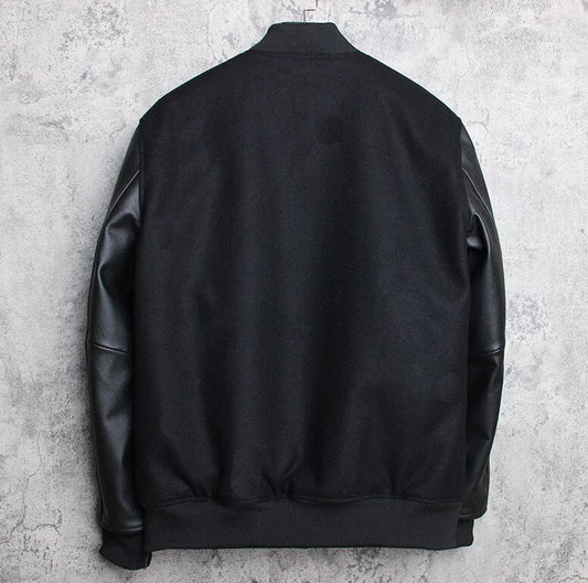 Genuine Leather Woolen Jacket Stand Collar