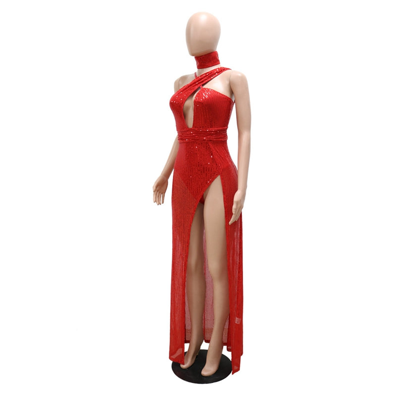 Sequin Open V Maxi Solo Slit Dresses
