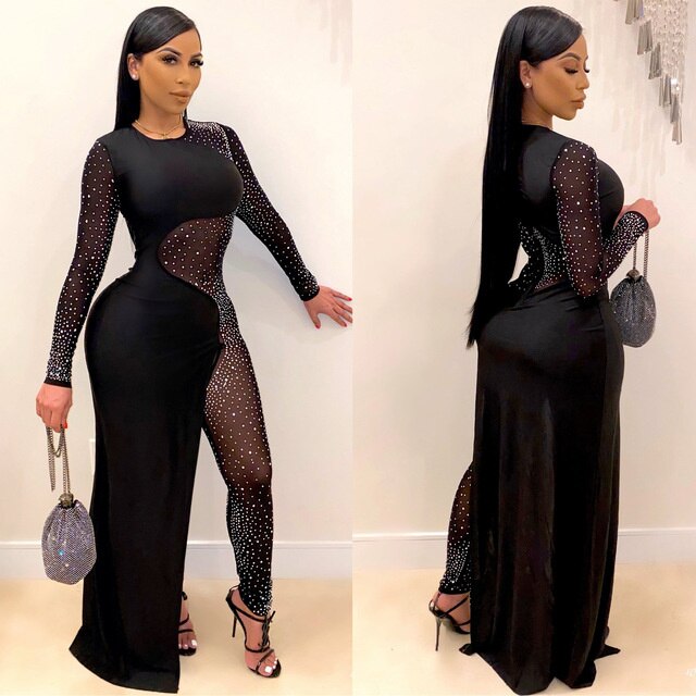 Studded Mesh Long Sleeve Jumpsuit Dresses