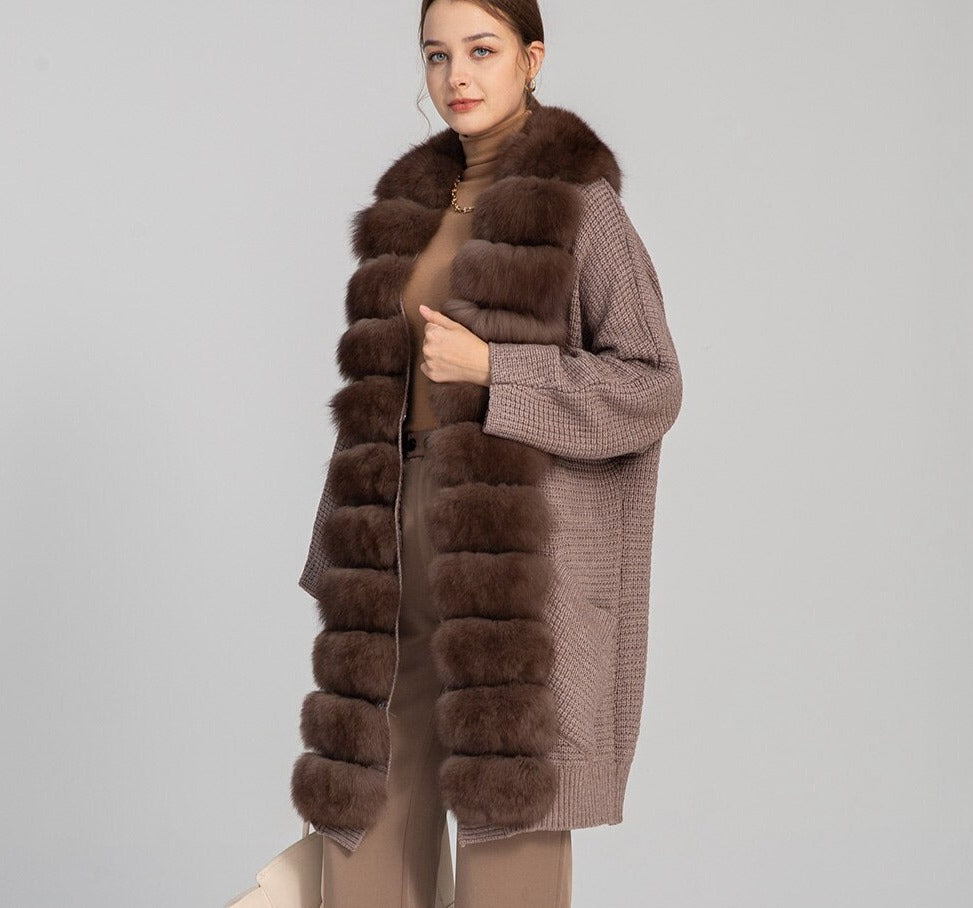 Long Cardigan Sweater Real Fox Fur Collar Detachable