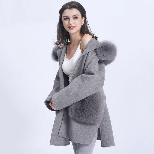 Cashmere Pea Coats Fur Trim Hood With Big Fur Pockets