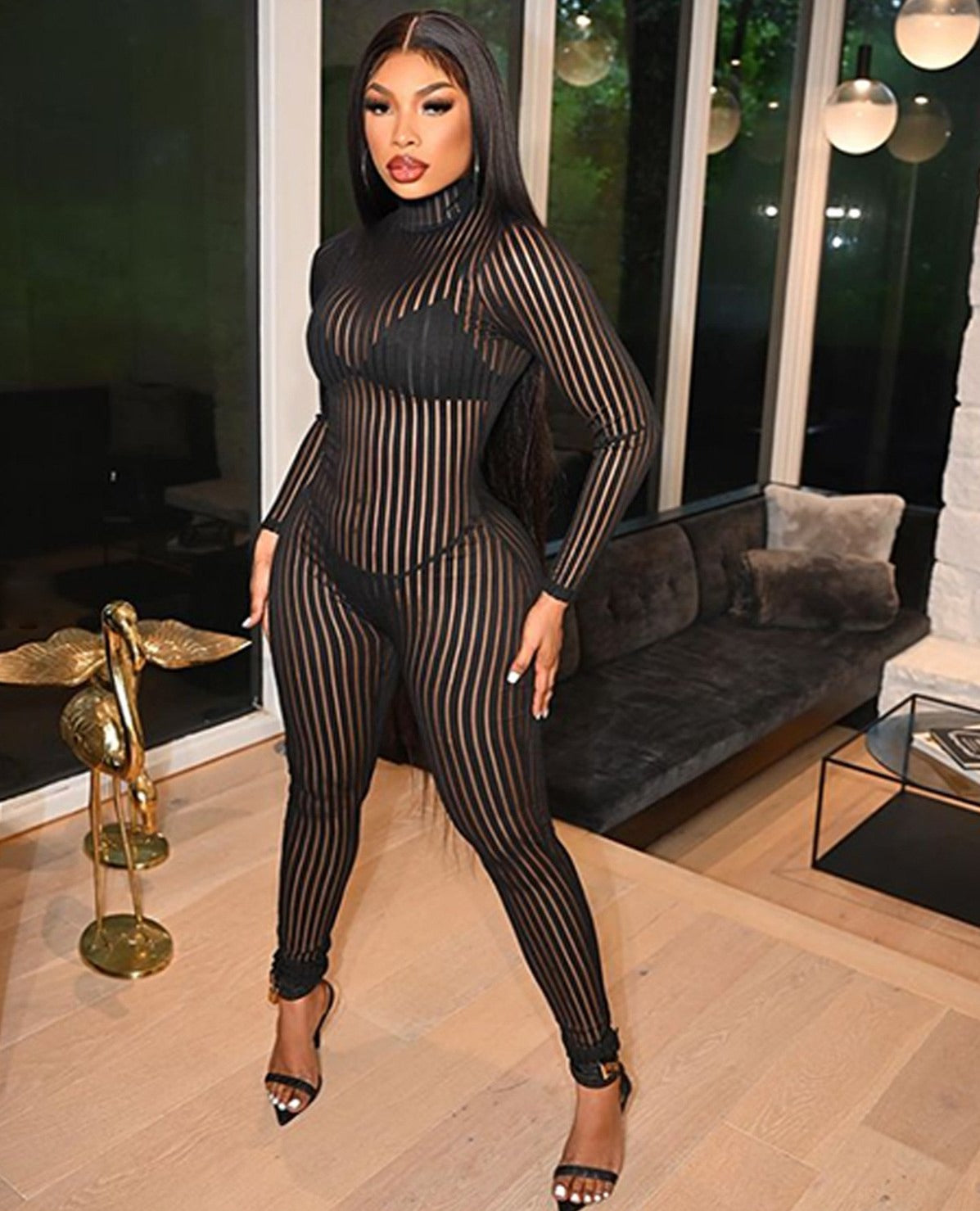 Black Stripe Mesh Long Sleeve Jumpsuit