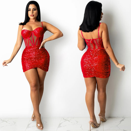 Mesh Spaghetti Sequins Corset Mini Dress