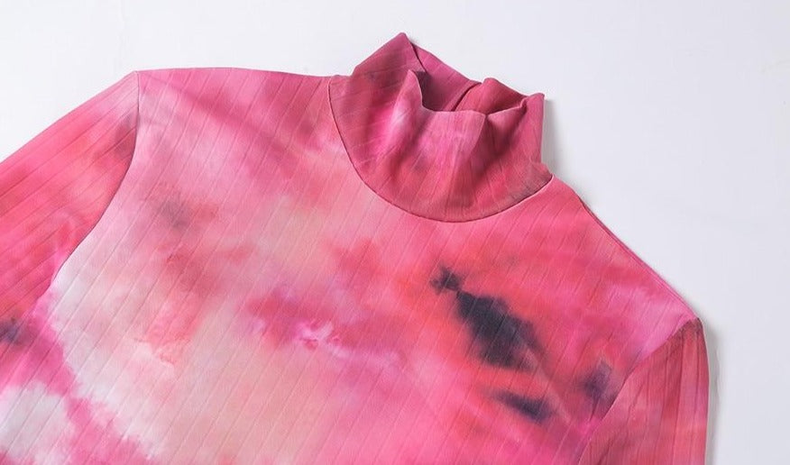 Tie-Dye Print Petal Sleeve Half-High Collar Dresses