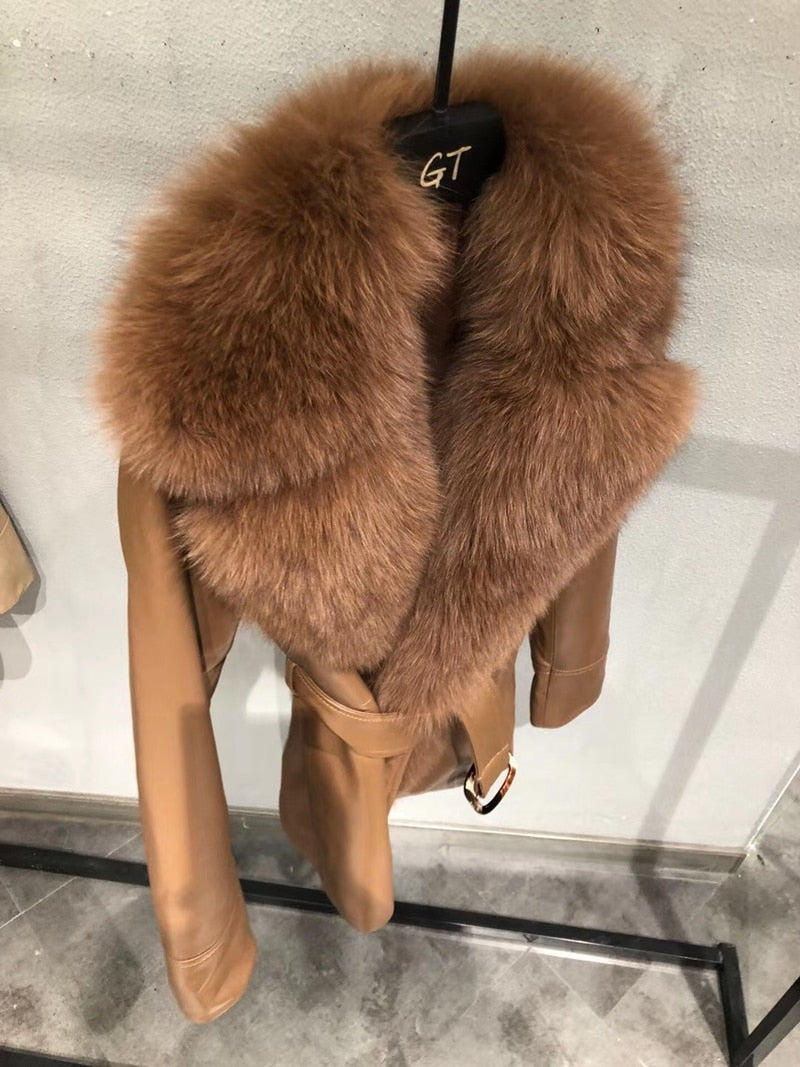 Genuine Leather Real Fox Fur Collar Reto Coats