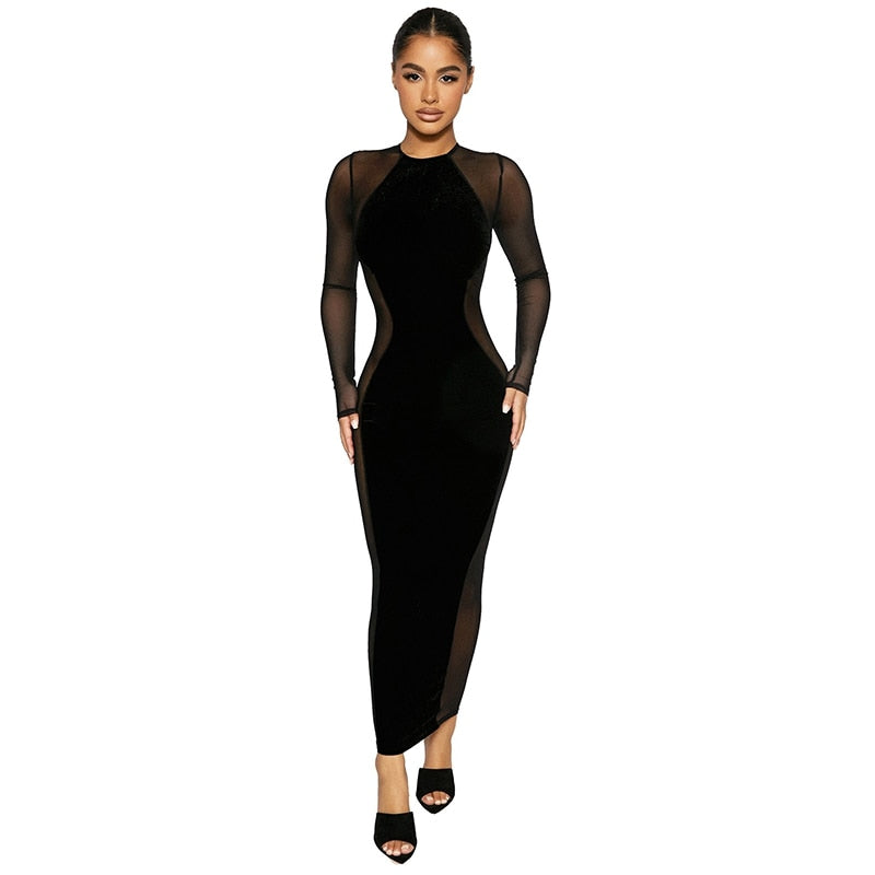 Velvet Side Mesh Long Sleeves Maxi Dress