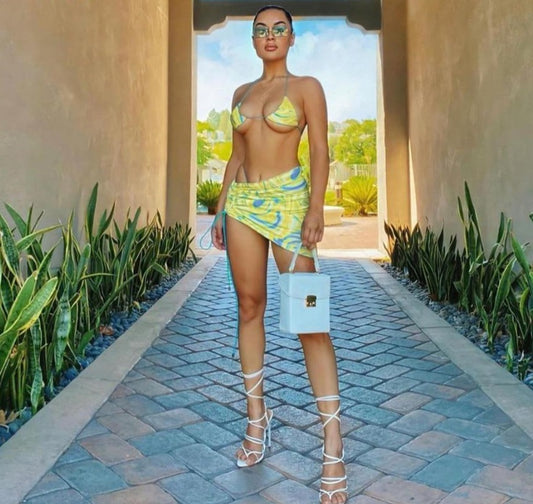 Yellow Bikini Top and Low-cut Drawstring Skirt Set