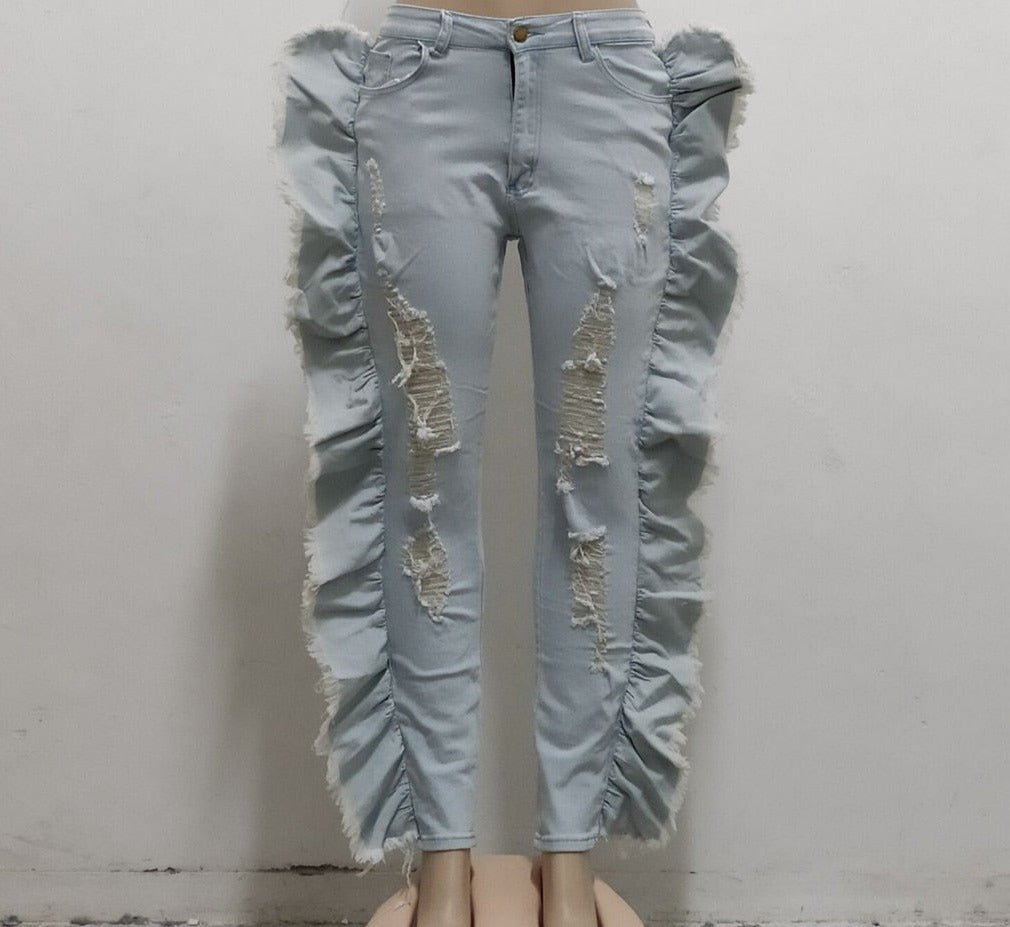 Side Ruffles Mid Waist Ripped Hole Jeans