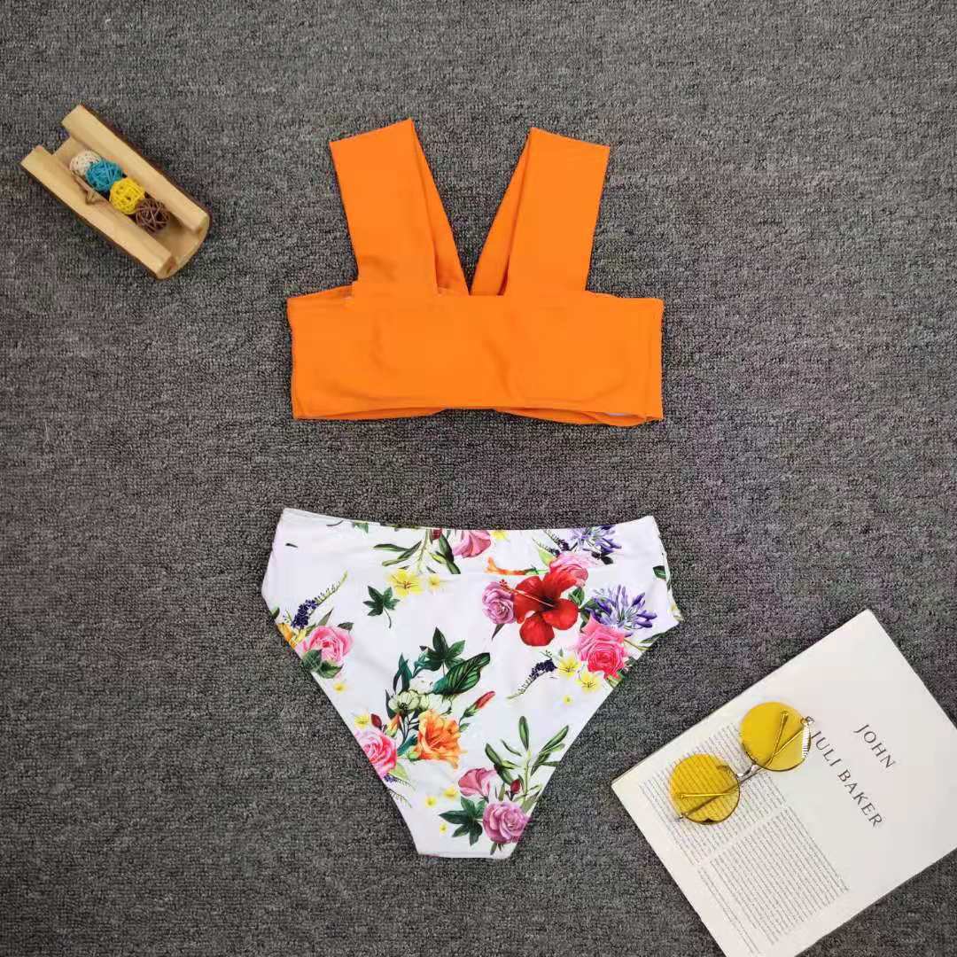 Orange Twist Off Shoulder High Waist Floral Print Bikini Set