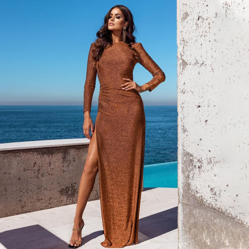 Sparkle Long Sleeve Backless Slit Maxi Dress