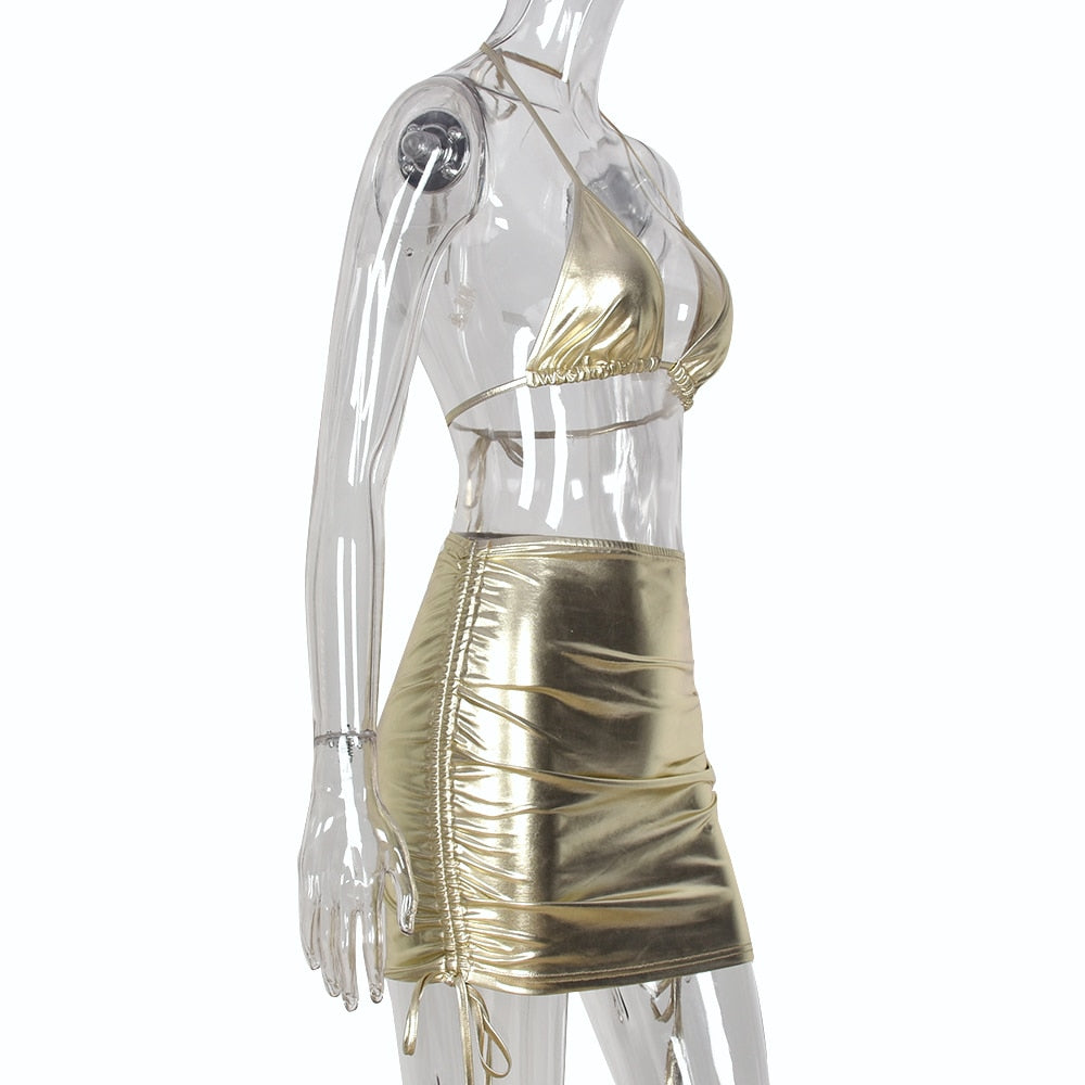 Gold Bra Top+Ruched Mini Skirt