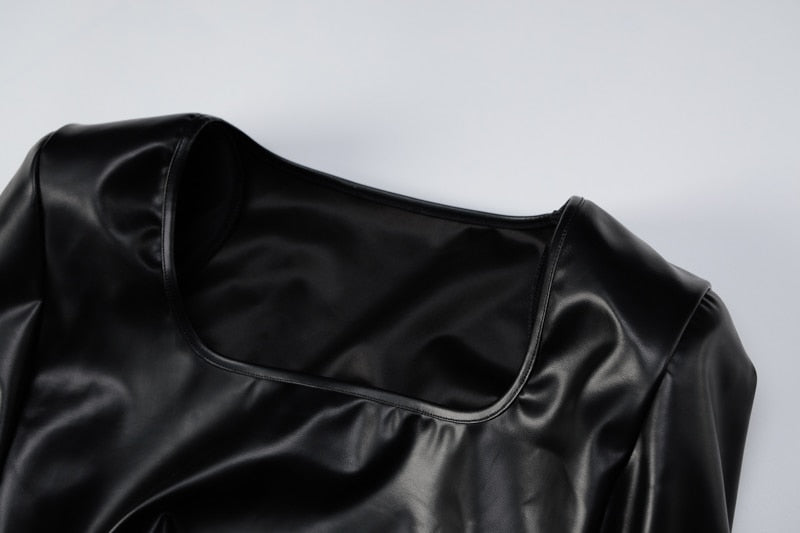 Pu Leather Long Sleeve Ruched Mini Dress
