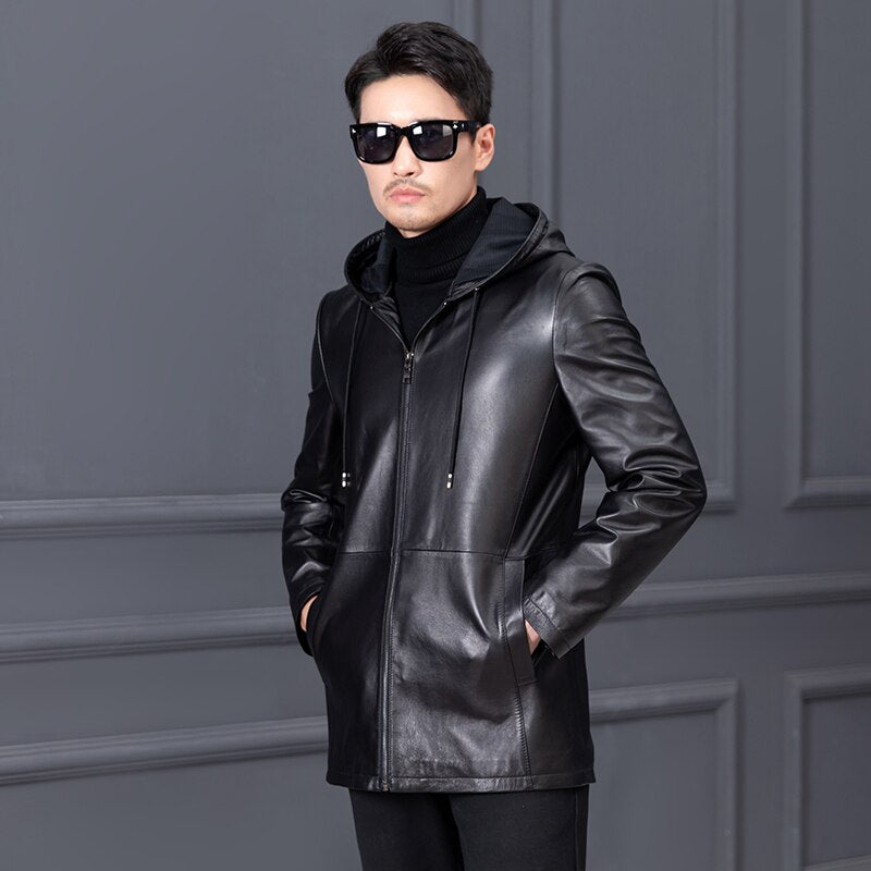 Genuine Leather Coat Hooded