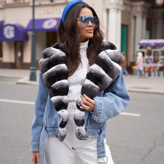 Denim Jackets Real Fur Collar Chinchilla Style