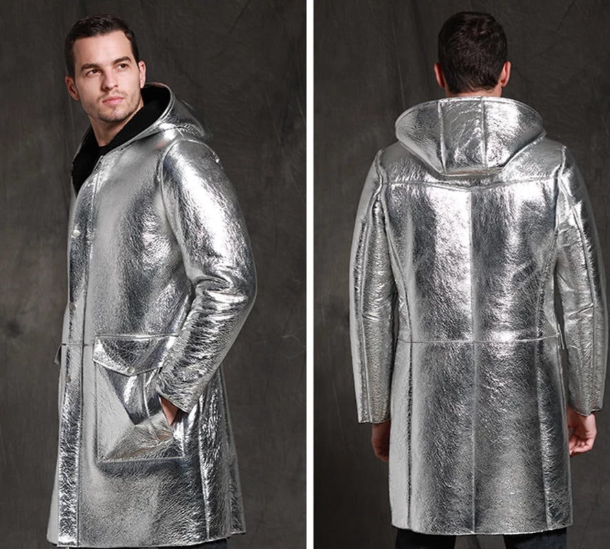 Metallic Silver Genuine Leather Shearling Fur Lining Long Hooded Coat