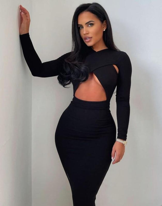 Long Sleeve Hollow Cross Chest Maxi Dresses